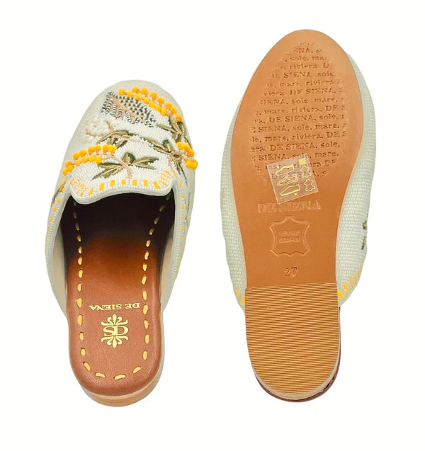 Meadow Beaded Slippers with Flower Pattern / Off White + Yellow
