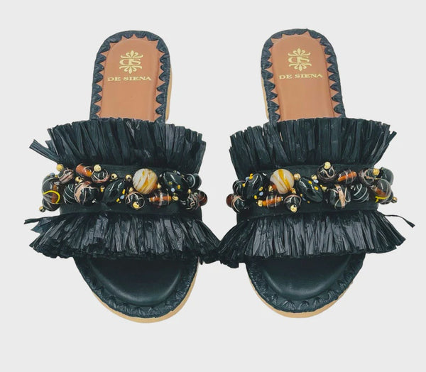 Dafina Fringed Raffia Slide / Black