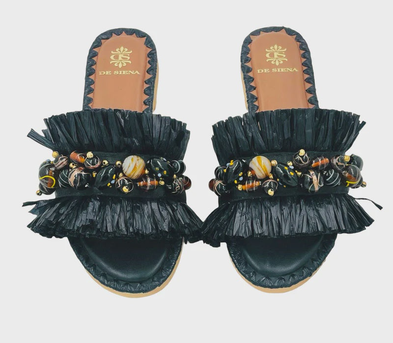 Dafina Fringed Raffia Slide / Black