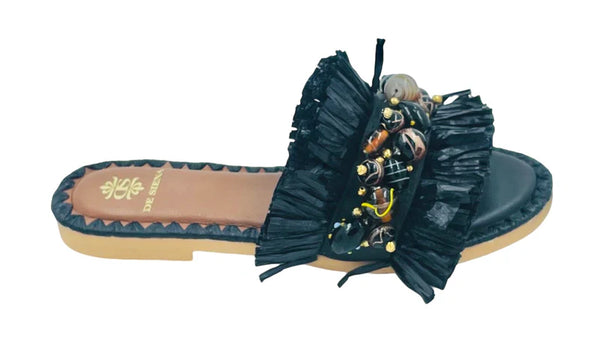 Dafina Fringed Raffia Slide / Black