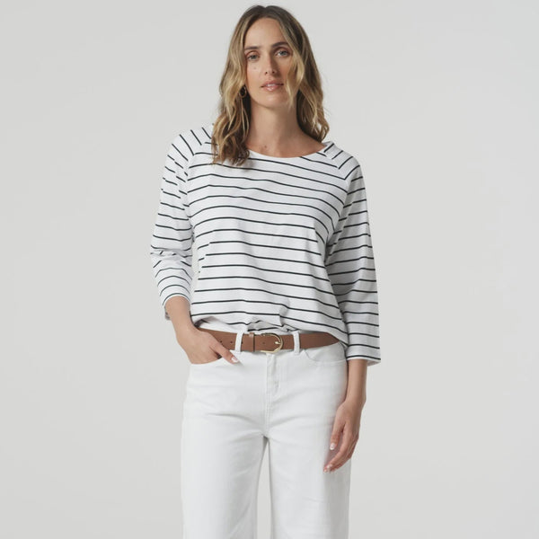 3/4 Sleeve Cotton Stripe Tee / White + Navy