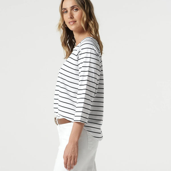 3/4 Sleeve Cotton Stripe Tee / White + Navy