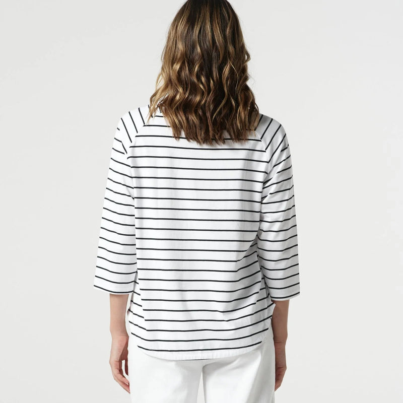3/4 Sleeve Cotton Stripe Tee / White + Navy