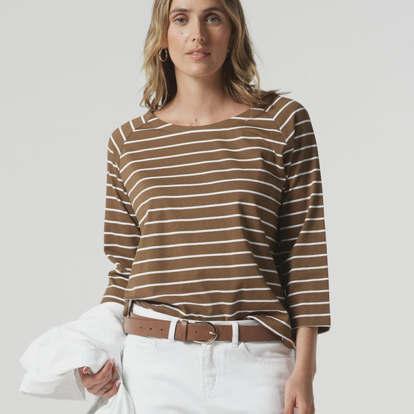 3/4 Sleeve Cotton Stripe Tee / White + Otter