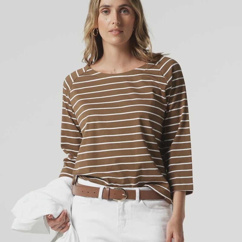 3/4 Sleeve Cotton Stripe Tee / White + Otter