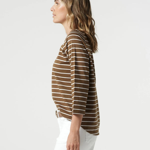 3/4 Sleeve Cotton Stripe Tee / White + Otter