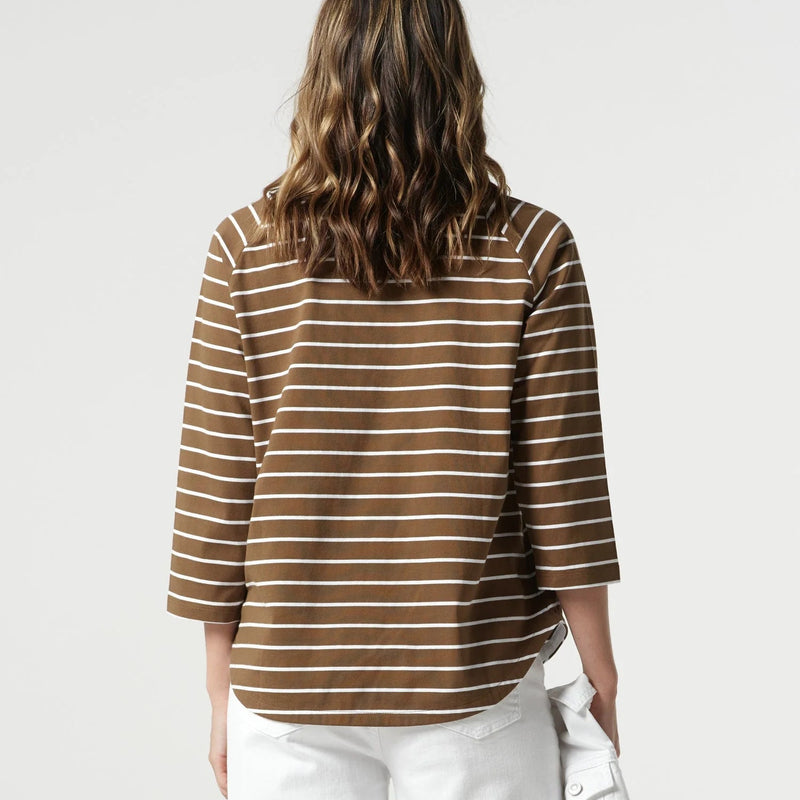 3/4 Sleeve Cotton Stripe Tee / White + Otter