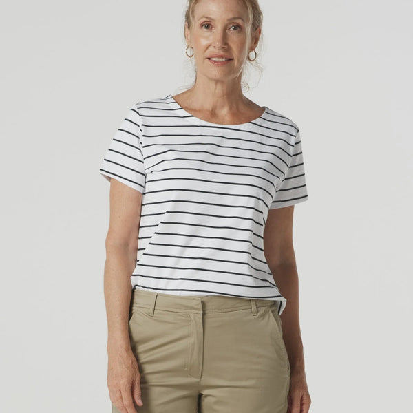 Crew Neck Stripe Tee / White + Navy