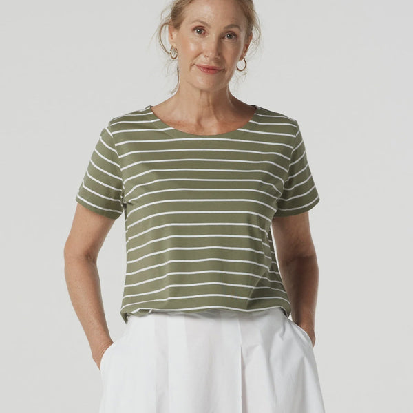 Crew Neck Stripe Tee / White + Sage