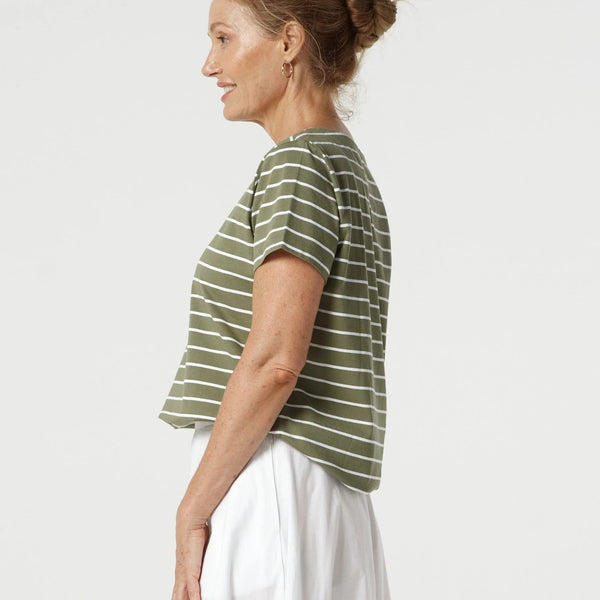 Crew Neck Stripe Tee / White + Sage