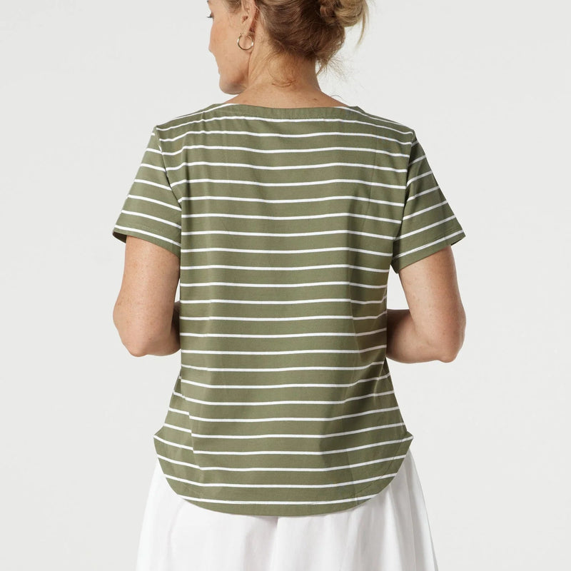Crew Neck Stripe Tee / White + Sage