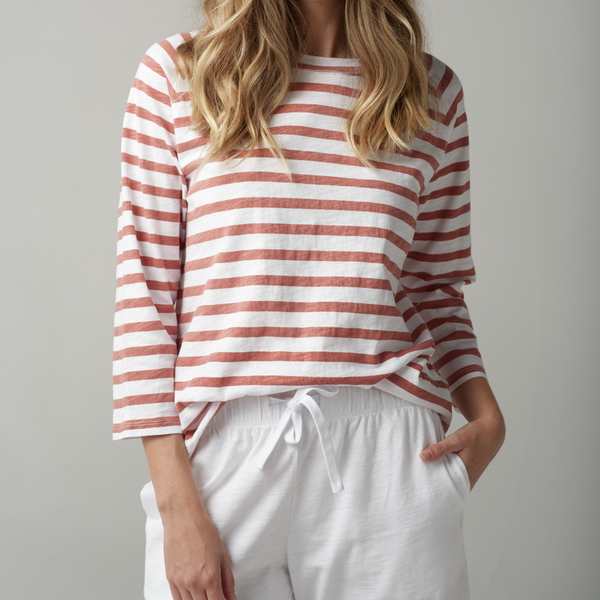 3/4 Stripe Raglan Sleeve Tee / White + Terracotta
