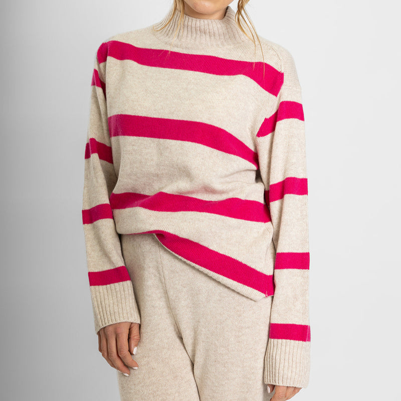 Polo Neck Jumper / Oatmeal + Bright Pink