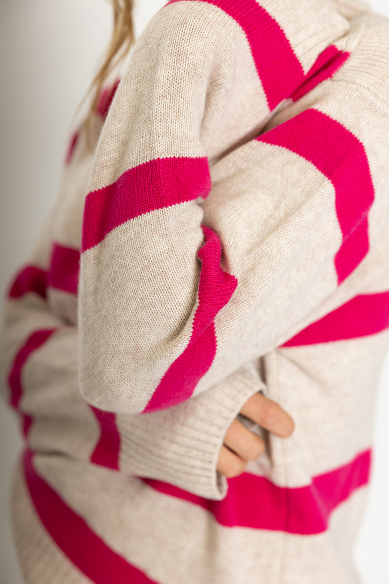 Polo Neck Jumper / Oatmeal + Bright Pink