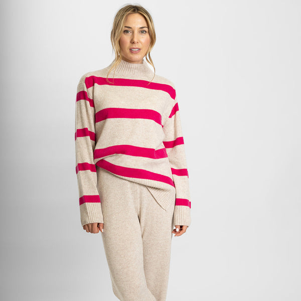 Polo Neck Jumper / Oatmeal + Bright Pink