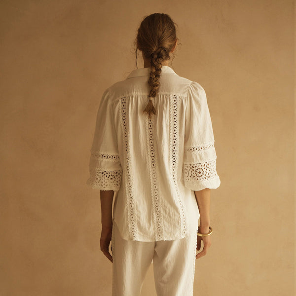 Bianca Lace Trim Billow Sleeve Blouse / White