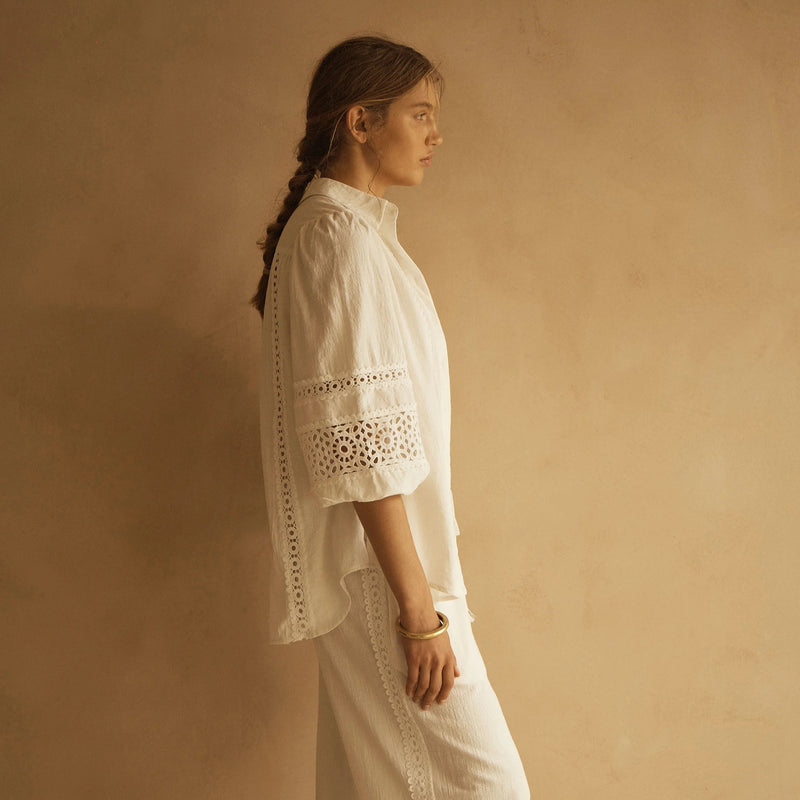 Bianca Lace Trim Billow Sleeve Blouse / White