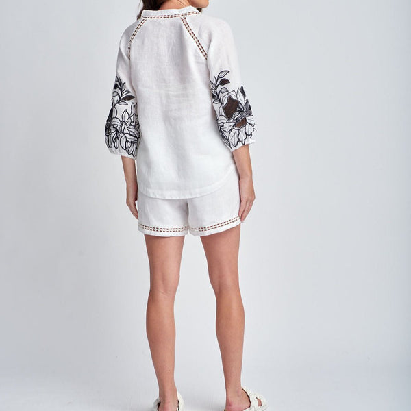 Embroidered Shirt with Lace Insert / White + Smoke