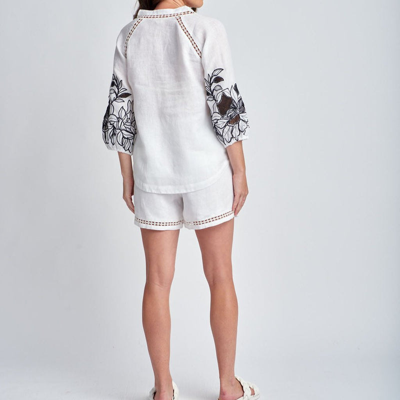 Embroidered Shirt with Lace Insert / White + Smoke