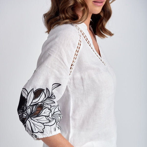 Embroidered Shirt with Lace Insert / White + Smoke