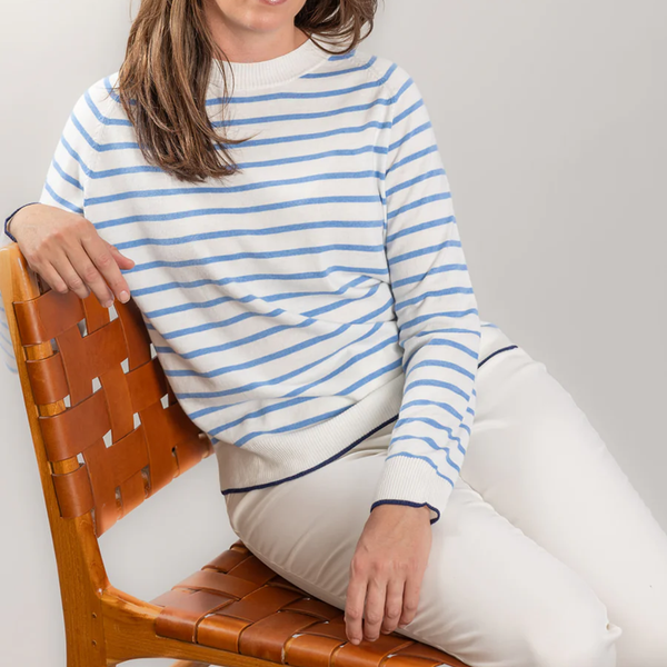Stripe Crew Neck Jumper / White + Blue