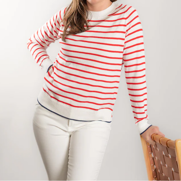 Stripe Crew Neck Jumper / White + Red
