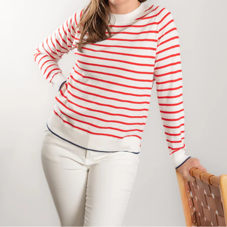 Stripe Crew Neck Jumper / White + Red