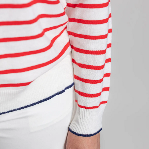 Stripe Crew Neck Jumper / White + Red