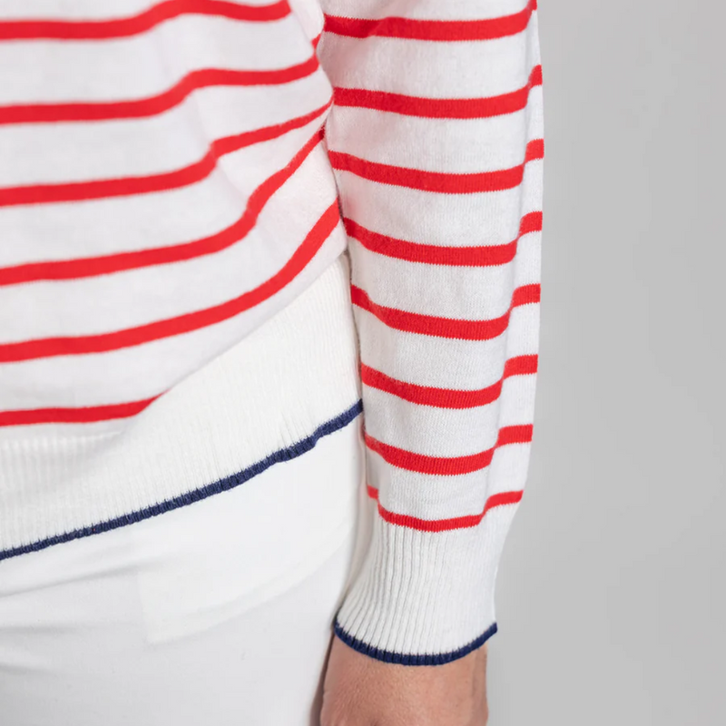Stripe Crew Neck Jumper / White + Red