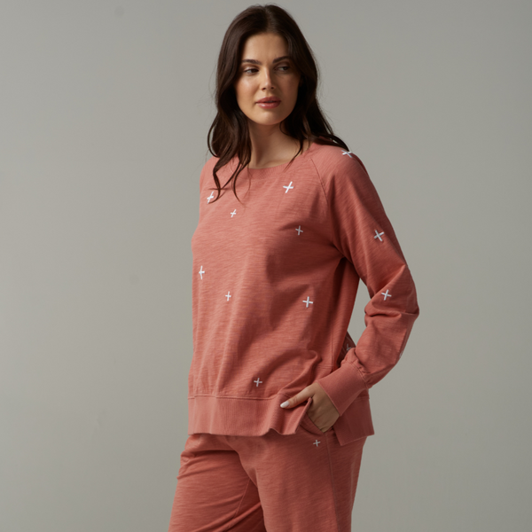 Cross Embroidered Sweater / Terracotta + White