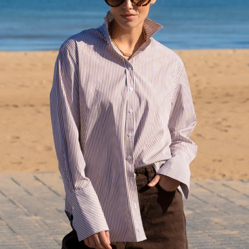 Elodie Girlfriend Shirt / Chocolate Skinny Stripe