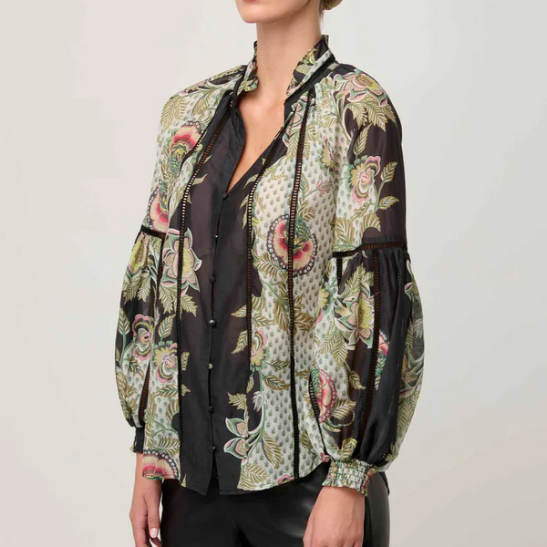 Espada Lace Trim Silk Blouse / Mariposa Nero