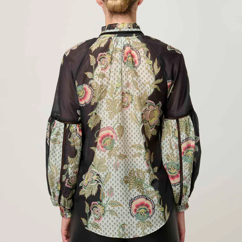 Espada Lace Trim Silk Blouse / Mariposa Nero