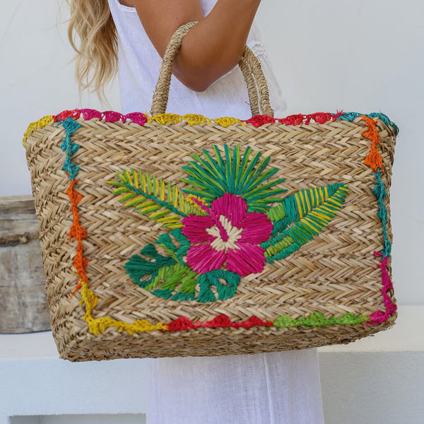 Straw Basket / Embroidered Flower