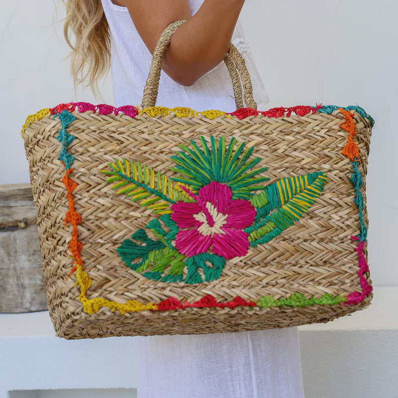 Straw Basket / Embroidered Flower