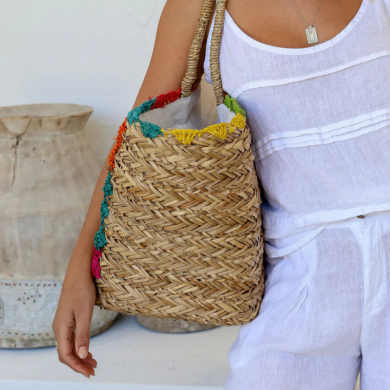Straw Basket / Embroidered Flower
