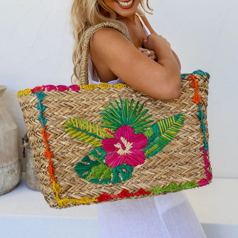 Straw Basket / Embroidered Flower