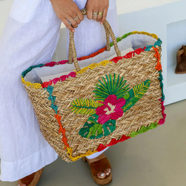 Straw Basket / Embroidered Flower