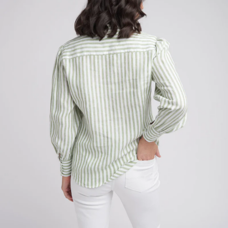 Frill Detailed Stripe Shirt / Pistachio + White