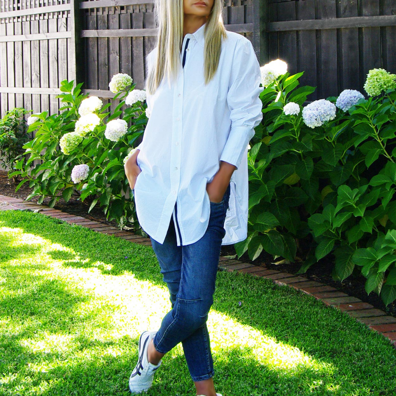 Harriot Poplin Shirt / White with Navy Trim