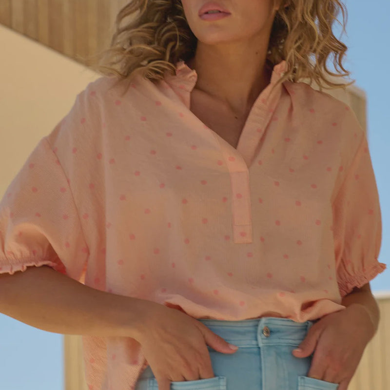 Sara Shirt / Peach w Pink Dots