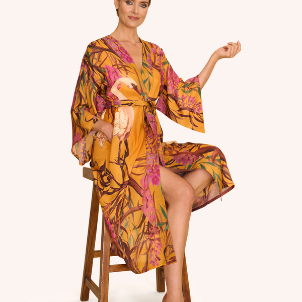 Kimono Gown / Oriental Crane Ochre