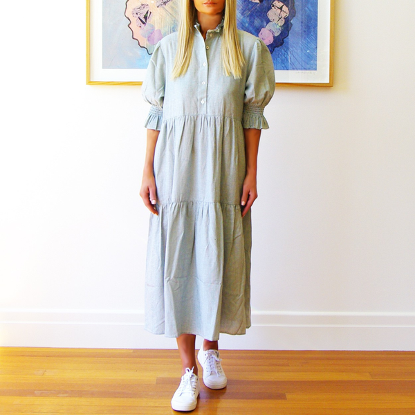 Lottie Fine Stripe Dress / Sage + White