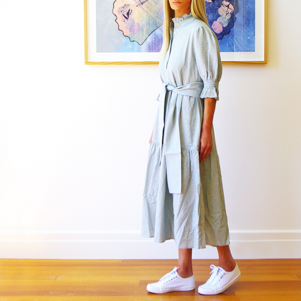 Lottie Fine Stripe Dress / Sage + White