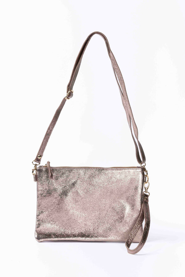 Metallic Leather Cross Body Clutch Bag / Champagne