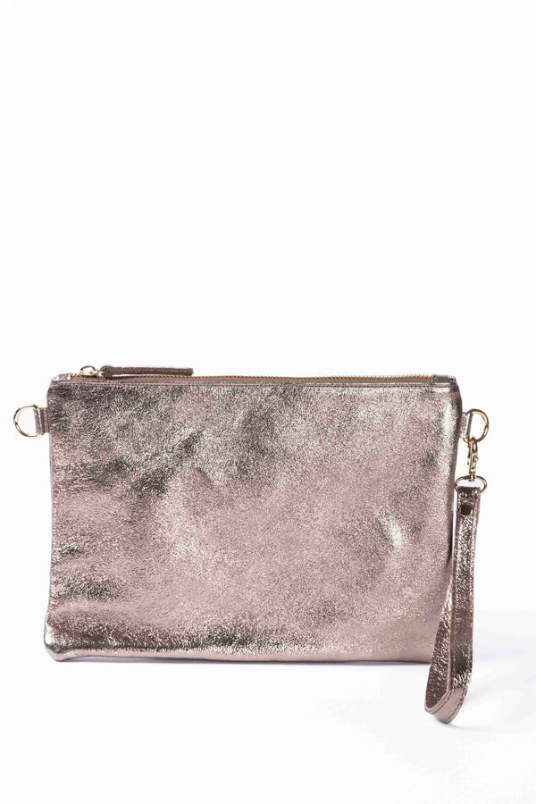 Metallic Leather Cross Body Clutch Bag / Champagne