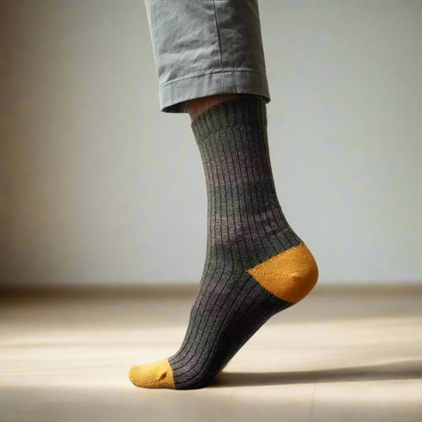 Merino Wool Socks with Stripe / Khaki + Brown