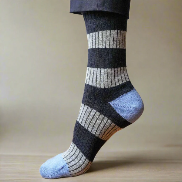 Merino Wool Socks with Stripe / Navy + Grey