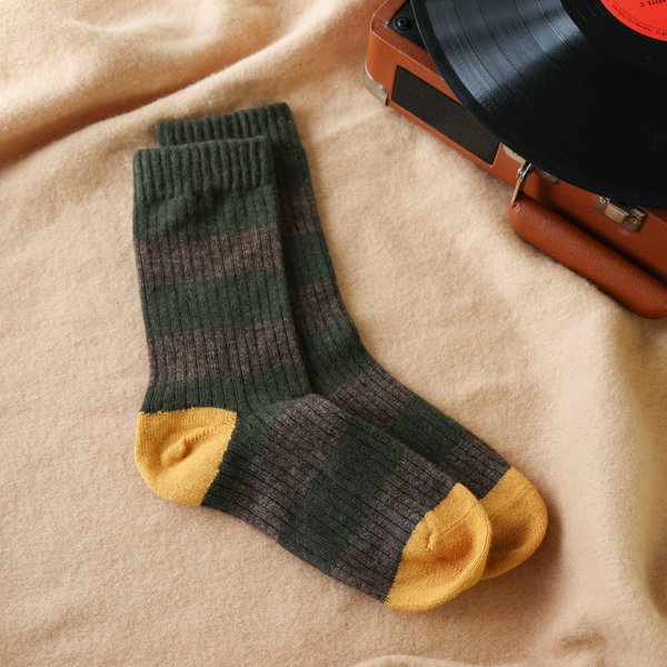 Merino Wool Socks with Stripe / Khaki + Brown