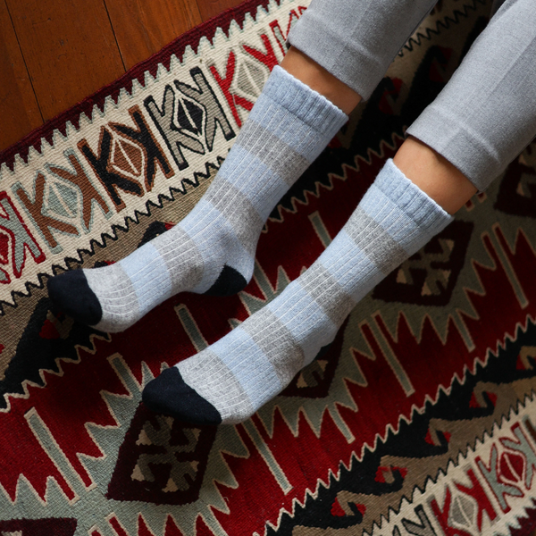 Merino Wool Socks with Stripe / Blue + Grey